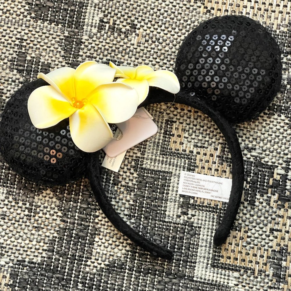 Disney Aulani Minnie Ears Headband Ko Olina Hawaii Plumeria Sequin Yellow Bead